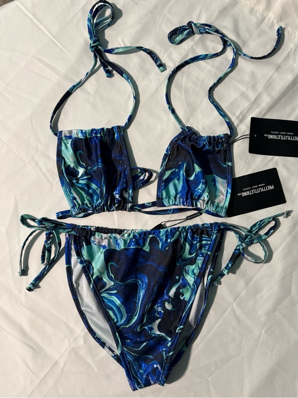 PrettyLittleThing Blue & Teal Marble Tie-Side Bikini Set